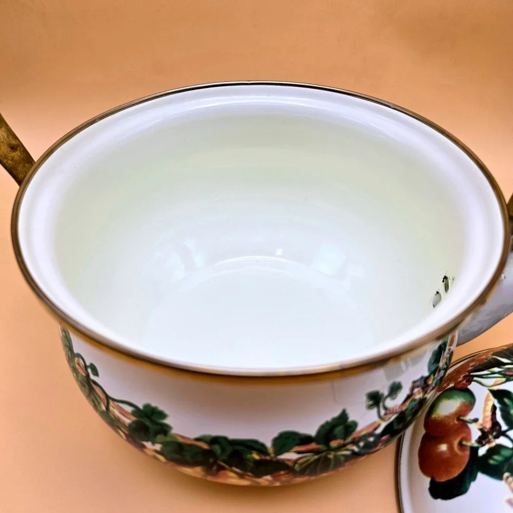 Vintage Enamel Fruit‎ Kettle 2 Quart Tea Pot White Gold Trim Induction Stovetop